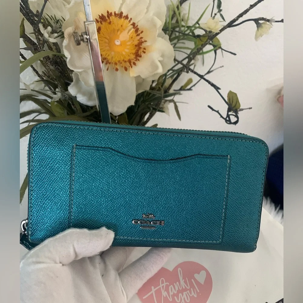 Coach Metallic Turquoise Accordion Zip Around Wallet
